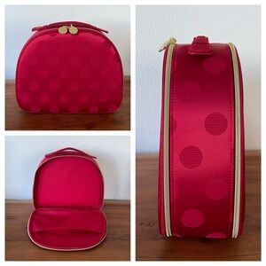 Estée Lauder large red satin makeup case travel toiletries train case polka dot